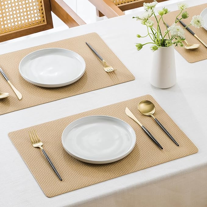 Jovono Faux Leather Placemats Set of 4, Waterproof Washable Table Mats, Easy-Clean Heat Resistant Kitchen Vinyl Place Mat for Dining Table, Restaurant, Indoor, 17.8"x11.8", Yellow