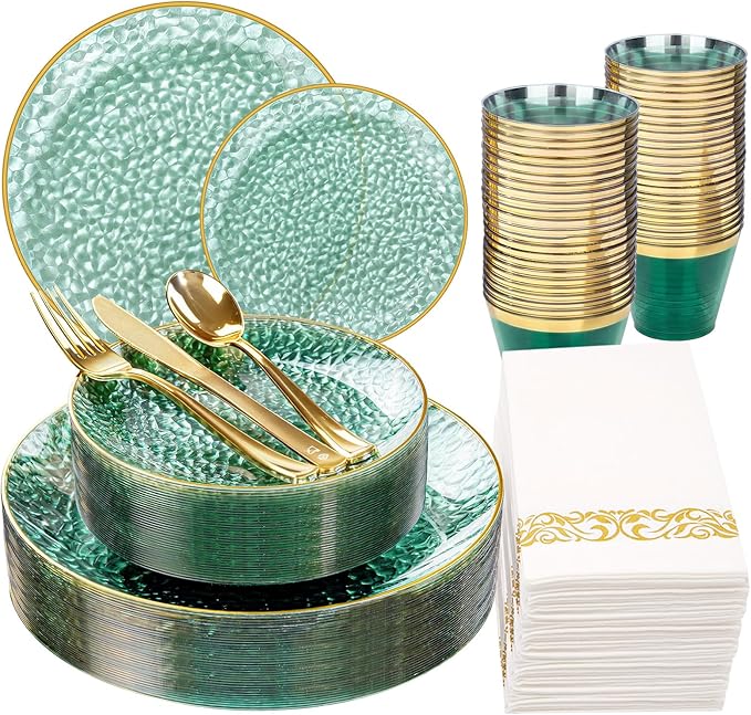 Rubtlamp 175 Pcs Green Plastic Plates Dinnerware Set (25 Guests), Hammered Plates Sets, Green Plastic Party Plates Set include 50 Disposable Plates Set, 75 Gold Plastic Silverware, 25 Cups 25 Napkins
