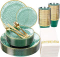 Rubtlamp 175 Pcs Green Plastic Plates Dinnerware Set (25 Guests), Hammered Plates Sets, Green Plastic Party Plates Set include 50 Disposable Plates Set, 75 Gold Plastic Silverware, 25 Cups 25 Napkins