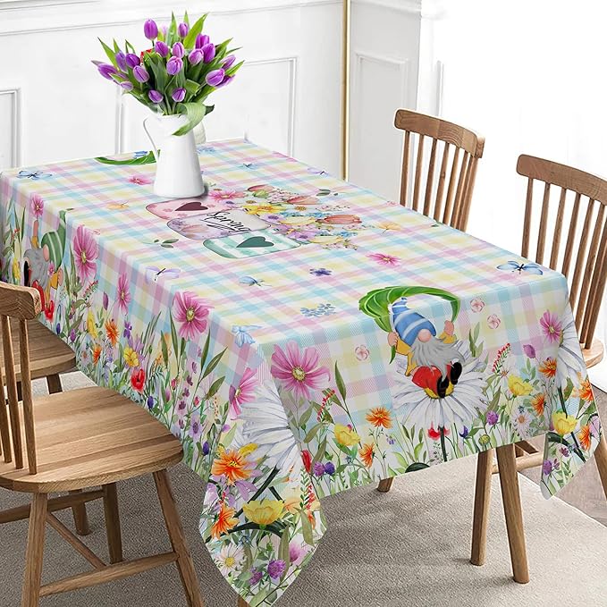 Spring Tablecloth, Rectangle 60 x 120 with Gnome Flowers, Oblong Tablecloth Buffalo Check Plaid Kitchen Table Cover for Dining Room Indoor Decor