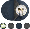 13-Inch Faux Leather Round Placemats Set of 4, Waterproof Anti-Slip Dual Sided Place mats, Heat Resistant Washable Table Mats with Coaster, Suitable for Indoor & Outdoor (4, Black Navy Blue)