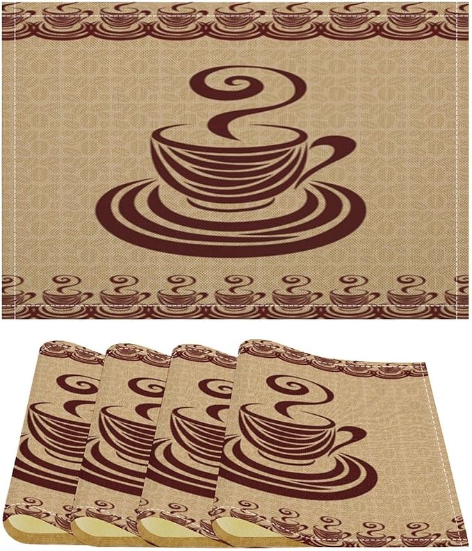 Vintage Coffee Theme Placemat Set, Minimal Rustic Farmhouse Brown Beige Geometric Coffee Cup Beans Seamless Pattern Home Decor Linen Table Mats for Dining Room Kitchen Party (17x12in) x4P