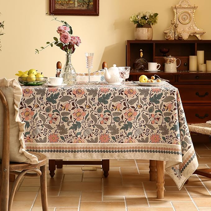 ISAENNE Designer Boho Floral Long Rectangle Tablecloth,Linen Lotus Flower Pattern Colorful Indoor Table Cloth,Durable Decor Tablecloths for Dining Thanksgiving Kitchen Christmas,63"*102"-Hazel A