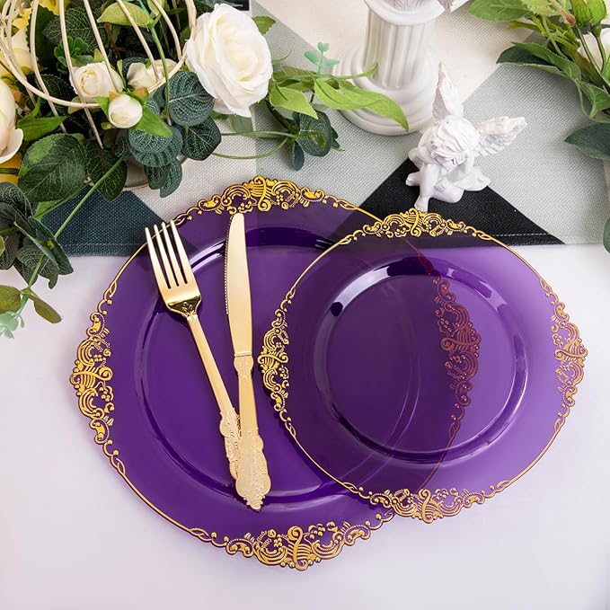 102PCS Purple and Gold Plastic Plates - High End Purple Disposable Plate - Vintage Dinner & Dessert Plates for 51 Guests Birthday Party & Mardi Gras & Wedding