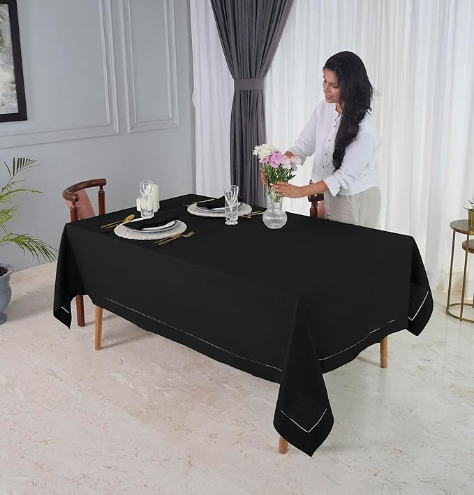 D'Moksha Homes Black Linen Tablecloth for Rectangle Tables 60 x 102 Inch - Classic Hemstitch 100% Pure Linen Black Table Cloth - Machine Washable Dining Tablecloth for Spring, Easter