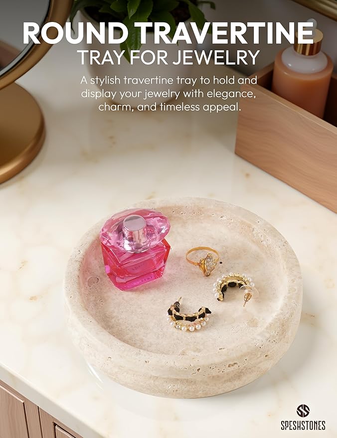 Marble Jewelry Dish 5 Inch Handmade Travertine Ring Holder - Trinket Tray for Vanity & Aesthetic Room Decor, Stone Key Bowl & Candle Plate for Entryway Table,