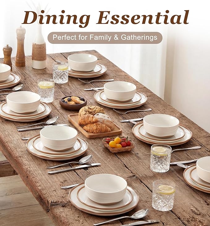 Lareina Plates and Bowls Set, 12 Pieces Farmhouse Ceramic Dinnerware Sets, Scratch Resistance, Dishwasher Microwave Safe, Vanilla White