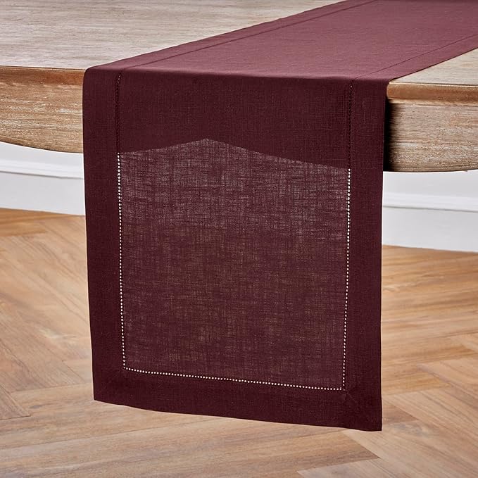 Solino Home Linen Burgundy Table Runner 90 Inches Long - 100% Pure Linen 14 x 90 Inch Table Runner for Valentines, Winter - Classic Hemstitch