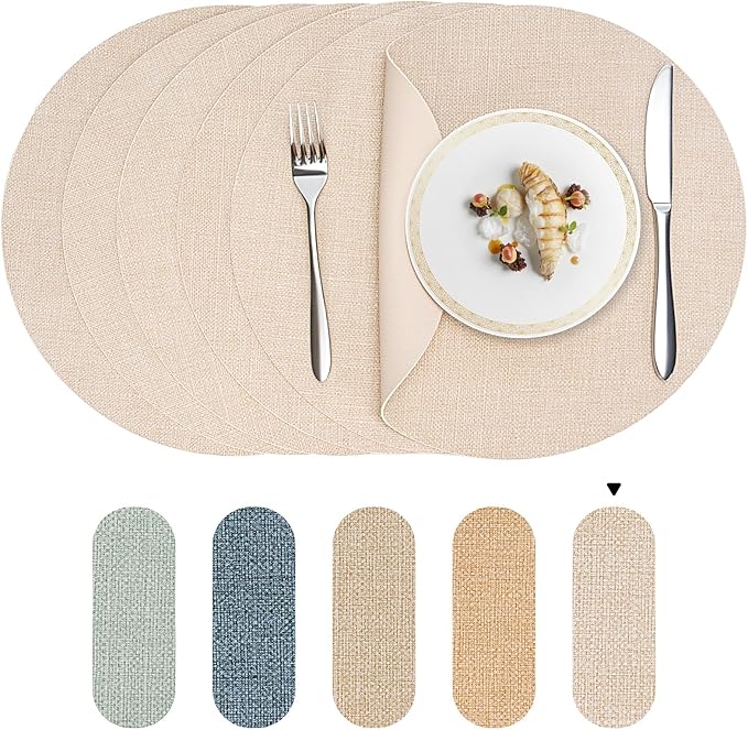 Round Wipeable Placemats Set of 6 – Faux Leather Round Table Mats, Waterproof & Washable Vinyl Placemats, Circle Design for Dining Table Decor– Ivory Beige