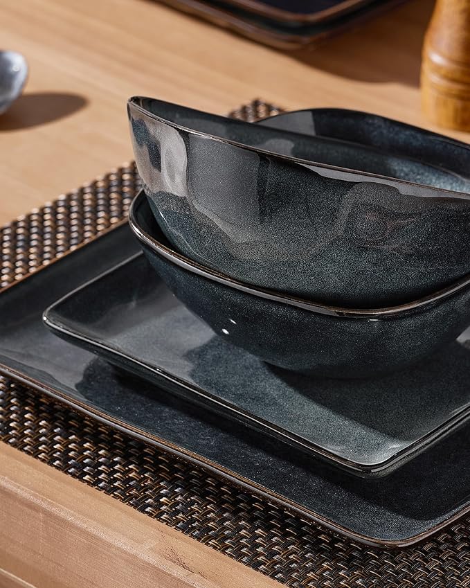 Famiware Ocean Square Plates and Bowls Set, 18 Pieces Dinnerware Sets, Dishes Set for 6, Microwave and Dishwasher Safe, Scratch Resistant, Deep Forest