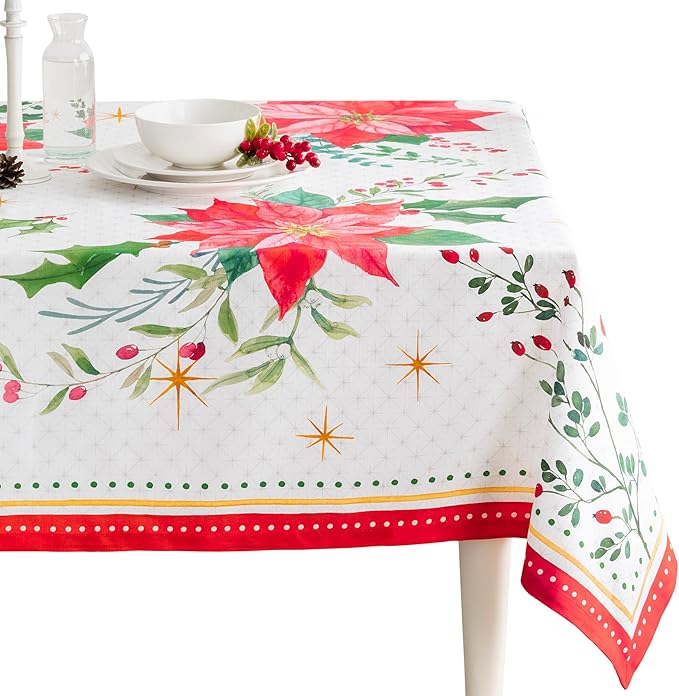 Maison d' Hermine Table Cloth Rectangle Table 100% Cotton 60 x 120 Inches Fall Tablecloth Reusable Everyday Use for Thanksgiving Christmas Decorations Dining Farmhouse Party (Poinsettia Christmas)