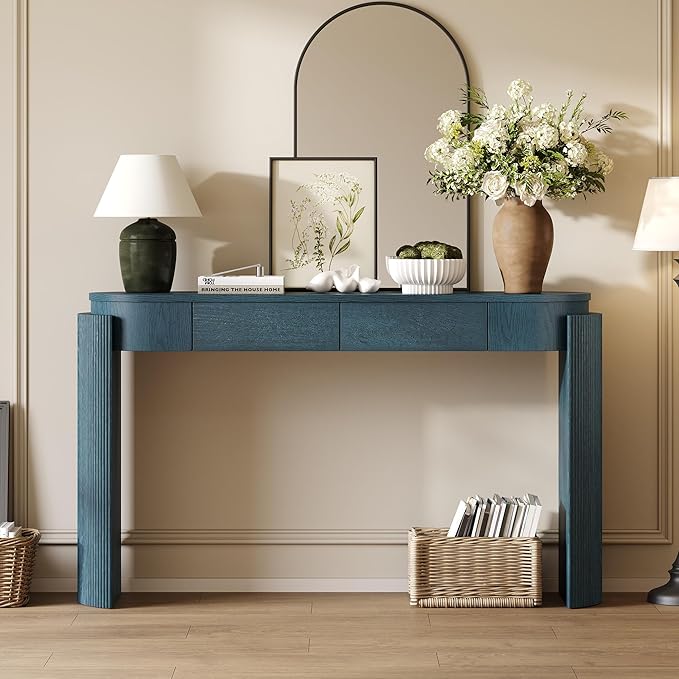 Merax 55" Entryway Table with Oval Top and 2 Drawers, Natural Wood Grain Finish Console Table with Fluted Design for Entryway and Living Room (Navy)