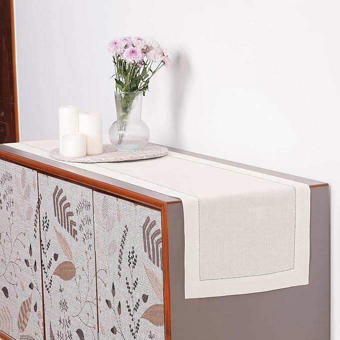 D'Moksha Homes Linen Ivory Table Runner 36 Inches - 100% Pure Linen Small Table Runner 14 x 36 Inch Ideal for Dresser, Coffee Tables, Valentines, Spring, Easter - Classic Hemstitch