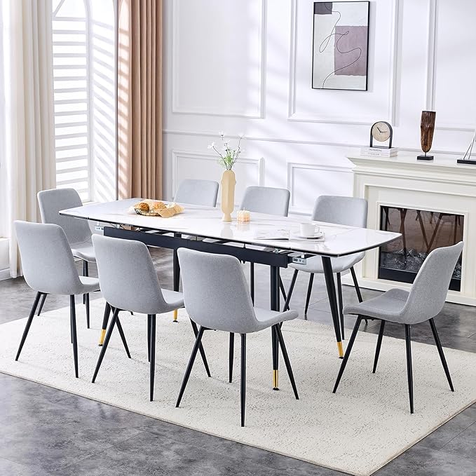 Extendable Dining Table Set for 8, 55'' to 78.8'' Rectangular Thickened Sintered Stone Kitchen Table with 8 Upholstered Chairs, Modern Space Saving 9-Piece Dinner Table Set