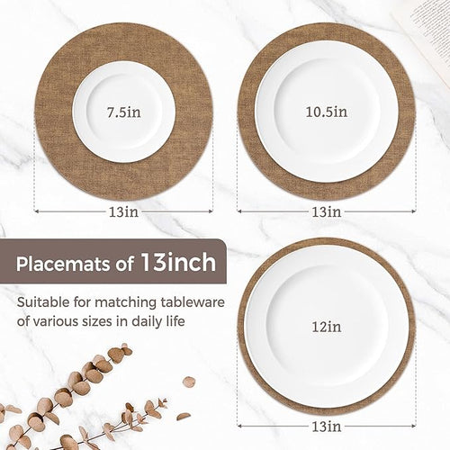 13" Round Placemats Set of 4, Reversible Faux Leather Heat Resistant Table Mats, Waterproof Oilproof Wipeable Table Protective Placemats for Vinyl, Washable for Indoor & Outdoor Use (4, Light Brown)