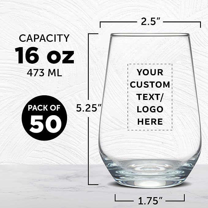 DISCOUNT PROMOS 50 Vaso Silicia Stemless Wine Glasses Set, 16 oz. - Personalized Text, Logo - Clear, Orb-Like, Thick base - Clear