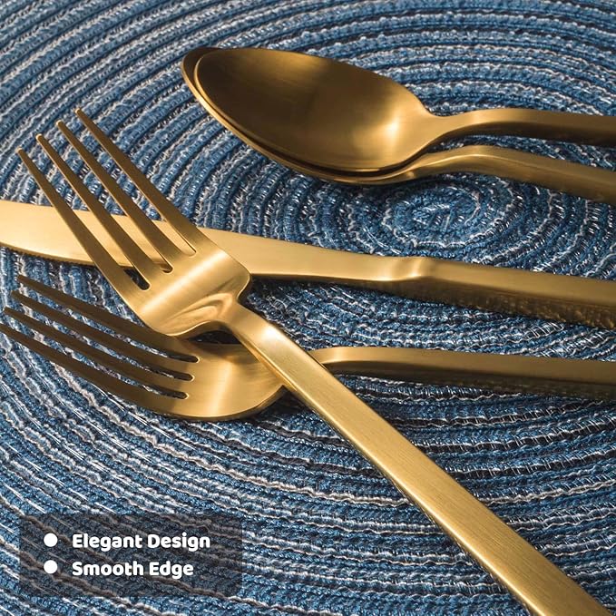 Alata Cube Matte Gold 40-Piece Flatware Set, Forged Cutlery Set, Service for 8, Stainless Steel Tableware with Square Handle for Home/Restaurant, Dishwasher Safe
