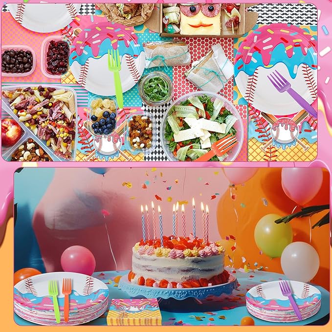 Yungyan 48 Sets Ice Cream Drip Baseball Birthday Party Decorations Ice Cream Drip Baseball Paper Plates and Napkins Forks Disposable Summer Sports Party Supplies Baby Shower Tableware Set for Women