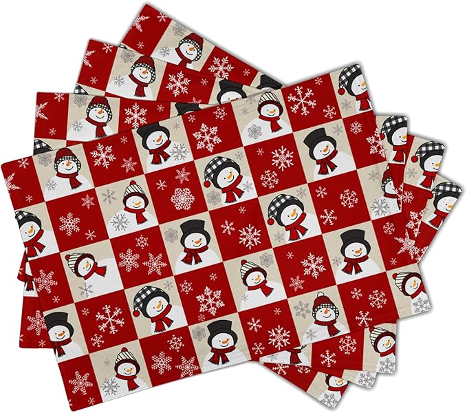 Winter Placemats Set of 4 - Cute Snowflake Snowman Place Mats 12x18 Table Mats Red Beige Buffalo Plaid Kitchen Mats for Party Dining Table