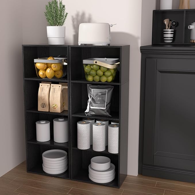 Wooden 4 Cube Storage Organizer, 4 Tier Tall Modern Bookshelf Freestanding Storage Display Organizer, Versatile Cubes Shelf and Cubby Unit for Living Room, Bedroom, Home Office 15.7inch