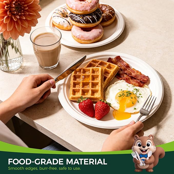 100% Compostable Plates - 125-Count Heavy Duty Disposable 10-Inch Plates Made of Bagasse - Eco-Friendly and Sustainable