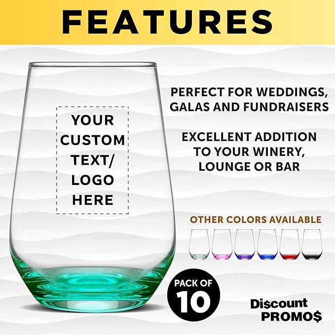 DISCOUNT PROMOS 10 Vaso Silicia Stemless Wine Glasses Set, 16 oz. - Personalized Text, Logo - Clear, Orb-Like, Thick base - Green
