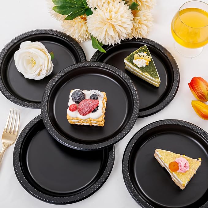 WELLIFE 7 Inch Black Dessert Plates 150 Count, Disposable Plastic Dessert Plates for Party Cake Appetizers Salad Picnic BBQ Easter