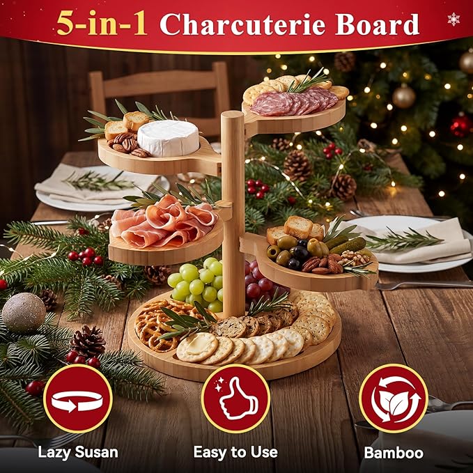 Tiered Charcuterie Board Gift for Women: Bamboo 360° Rotating Round Base with 4 Swivel Trays - White Elephant Gift Valentine Holiday Hosting Christmas Birthday Parties House Warming Gift for Couples