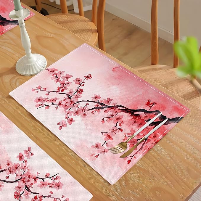 Japanese Cherry Blossom Placemats Set of 6, Pink Sakura Floral Place Mats, Flower Waterproof Washable Table Mats for Home Party Indoor Kitchen Dining Table Decoration 12x18 Inch