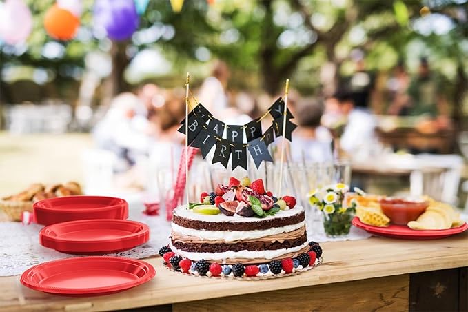 Red Plastic Plates For Party 10" Red Disposable Plates Heavy Duty 100 Pcs Plastic Dinnerware Sets Heavy Duty 350 GSM Disposable Dinnerware Set
