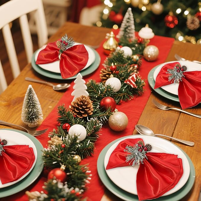 WINGFISH Christmas Napkin Rings Set of 12 Snowy Pine Cone Poinsettia Red Berry Wooden Napkin Rings Christmas Napkin Holders Decor for Xmas Holiday Party Gathering Dinner