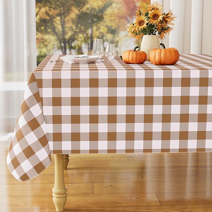misaya Rectangle Waterproof Vinyl Table Cloth, Buffalo Flannel Backed Tablecloth, Wipeable Plastic Table Cover for Dinner, Kitchen, Outdoor (54" x 78", Brown and White)