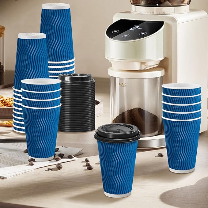 500 Pack Coffee Cups with Lids 16oz, Disposable Insulated Ripple Wall To Go Paper Coffee Cups for Hot/Cold Drinks Office Home Shop Event (Navy)
