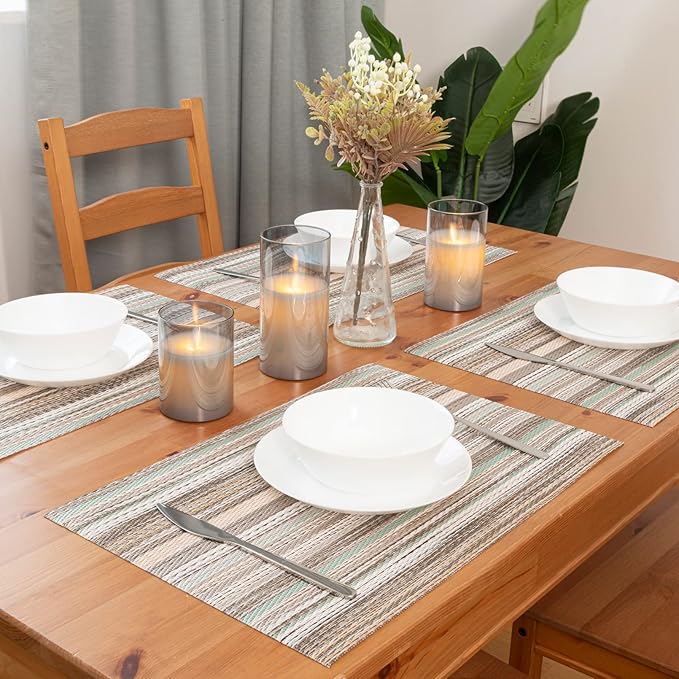 Winknowl Placemats Set of 4, Heat Resistant Non-Slip Vinyl Woven Table Mats for Dining Table, Washable Durable Elegant Place Mats for Kitchen Indoor/Outdoor Use (Teal Green)