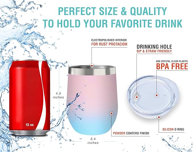 CHILLOUT LIFE 12 oz Stainless Steel Wine Tumbler with Lid - Double Wall Vacuum Insulated Wine Cup Glass Keeping Cold & Hot for Coffee, Champagne, Cocktails, Ice Cream - Powder Coated Pink/Teal