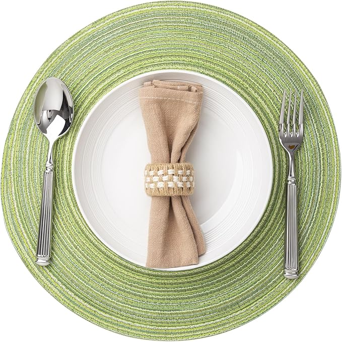 Round Placemats Set of 6 Woven Placemats Washable Braided Table Mats for Dining Table Heat Resistant Non-Slip Circle Place Mats(Green)