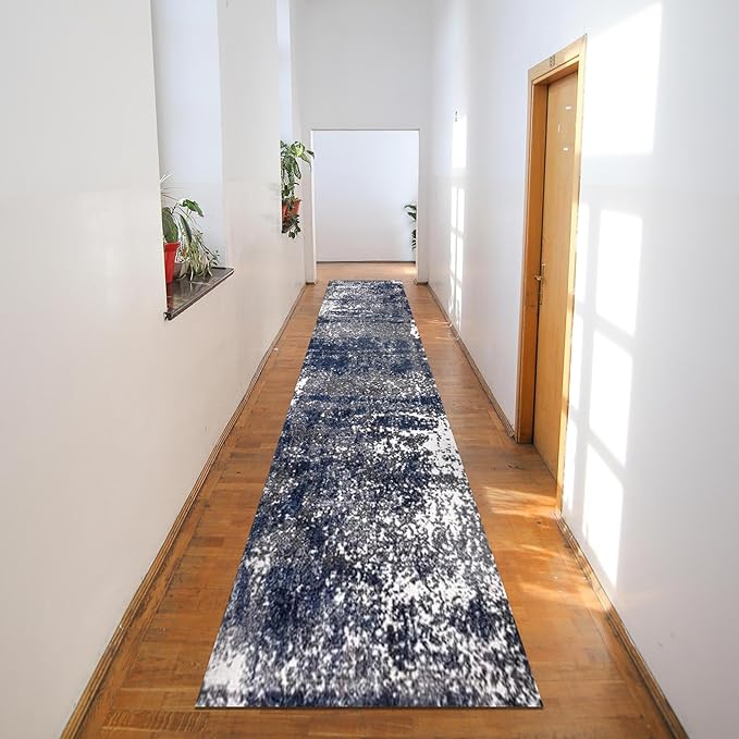 Keen Home Design Area Rugs - 2x14 Non-Shedding, Abstract Rugs for Kitchen, Living Room, Bedroom, Dining Room, Entryway - Size: 2'8" x 14', Navy/Grey/White