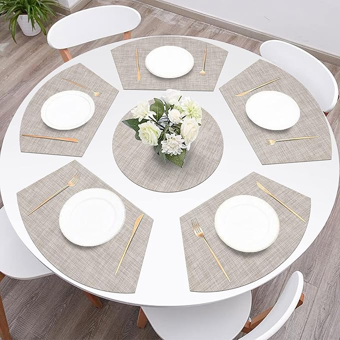 SHACOS Round Table Placemats Set of 7 Wedge Placemats with Centerpiece Round Mats Heat Resistant Washable (7, Beige White Black)