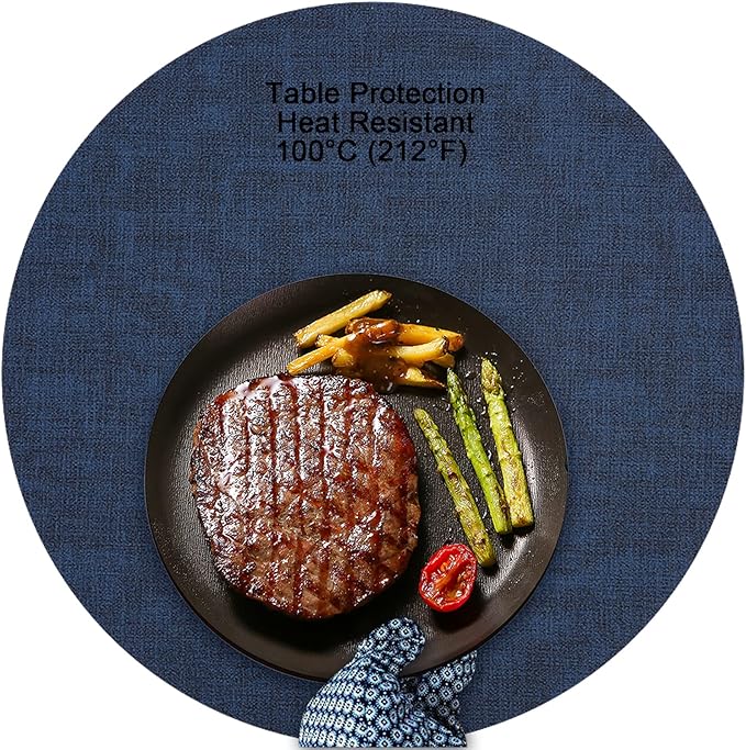 Myir JUN Round Placemats Dual Sided, Faux Leather Place Mats Set of 6 Indoor Placemat for Dining Table Outdoor Place Mat Non-Slip Washable Table Mats (Gray Blue, Set of 6)
