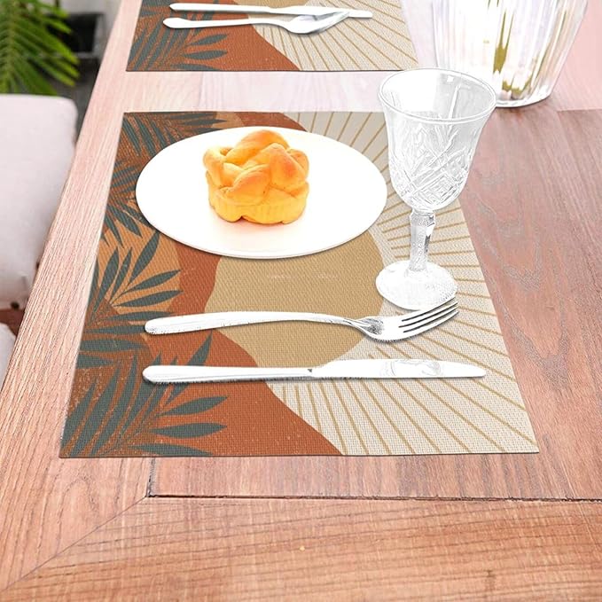 Mid Century Boho Sunset Placemats Vintage Farmhouse Abstract Plant Mountain Sunset Washable Place Mats 12x18Inch for Dining Kitchen Farmhouse Decor 4 PCS