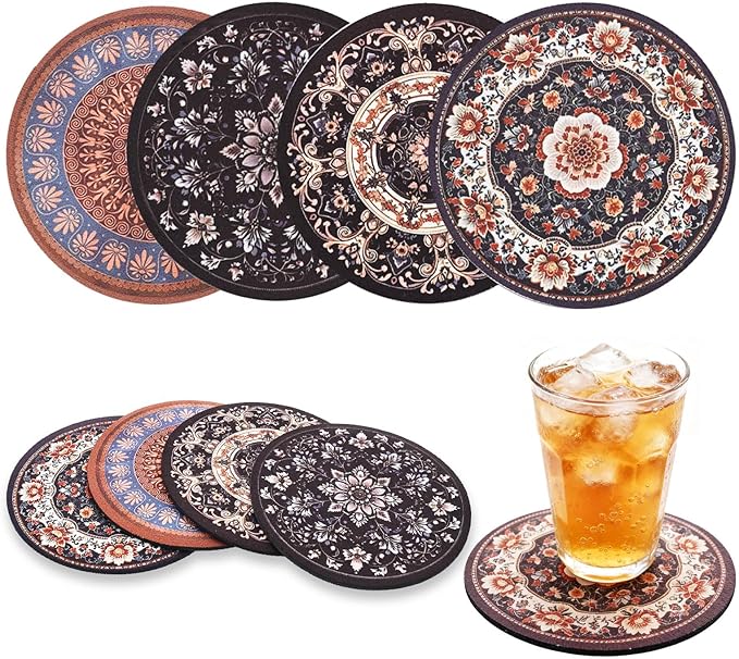 Bohemian Round Coasters Set of 4,Vintage Mandala Coasters for Drinks Absorbent Rubber Drink Coaster for Cup with Non Slip Backing Coffee Table Wine Glass Home Bar 4.7 inch