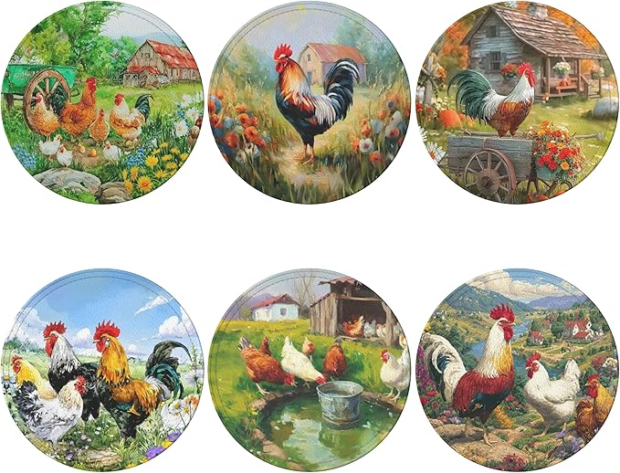 Rooster Coasters Leather Round Drink Coasters 6 Pcs Set with Holderor for Cup Drink Coffee Table Bar Home Decor