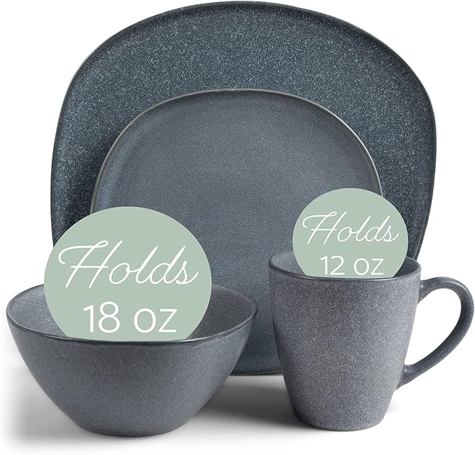 Elanze Designs 16-Piece Modern Luxury Chic Smooth Vintage Handmade Shape Matte Finish Ceramic Stoneware Square Plate Mug & Bowl Kitchen Dinnerware 16 Piece Set - Service for 4, Slate Grey
