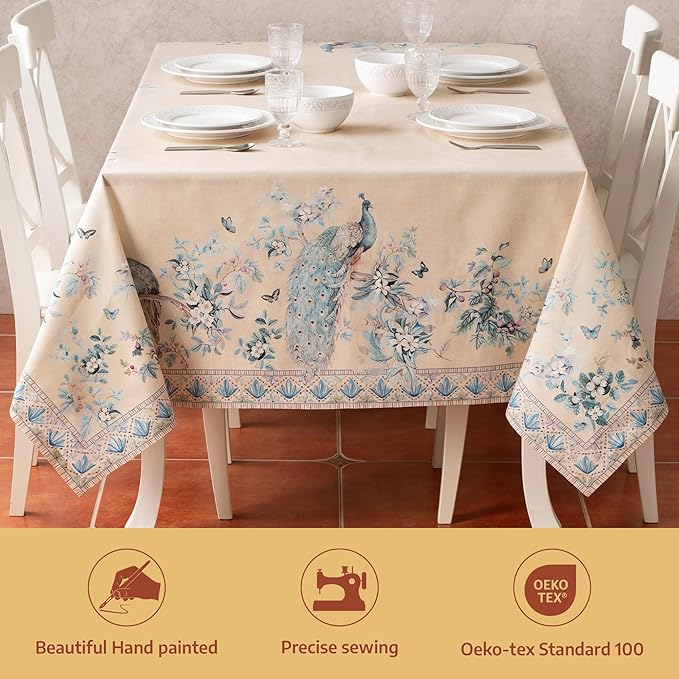 Maison d' Hermine Premium Table Cloth Rectangle Table 100% Combed Cotton 108 x 70 Inches Tablecloth Reusable Decorative for Dining Room, Home, Party, Festive & Wedding - Peacock Utopia - Sandy Beach