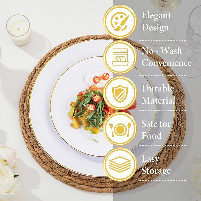 Nervure 100Pieces White with Gold Rim Plastic Plates - 7.5inch Disposable Gold Salad/Dessert Plate - White and Gold Plastic Plates Ideal for Wedding & Party