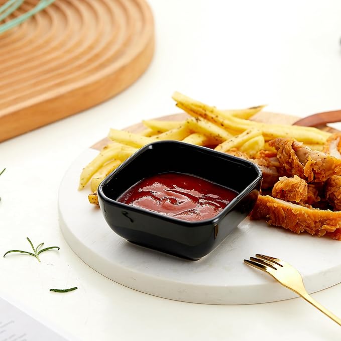 Ceramic Dipping Bowls Set of 6,3 Ounce Porcelain Small Mini Dip Bowl Square Soy Sauce Dish - Good for Tomato Sauce, Sushi Soy, BBQ,Charcuterie Board(Black)
