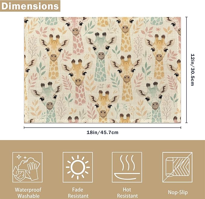 Placemats Set of 6 Watercolor Giraffe Place Mats Washable Kitchen Dining Cute Animals Linen Table Mats Stain Heat, for Home Party Indoor 12x18 in