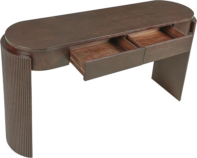 Merax 55" Entryway Table with Oval Top and 2 Drawers, Natural Wood Grain Finish Console Table with Fluted Design for Entryway and Living Room (Espresso)