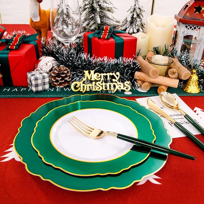 WDF 30Guest Christmas Plates Disposable - Gold Plastic Silverware With Green Handle - Baroque Green &Gold Plastic Dinnerware for Wedding Birthday Party St. Patrick’s Day