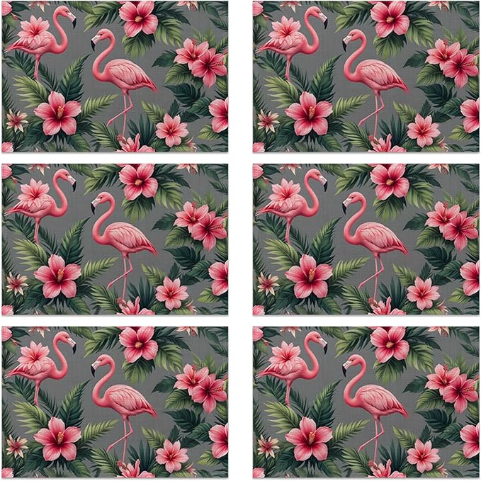 Pink Flamingo Placemats Set of 6, Tropical Palm Leaves Waterproof Linen Fabric, Non-Slip Backing & Easy Clean, Elegant Dining Table Placemats for Family and Guests